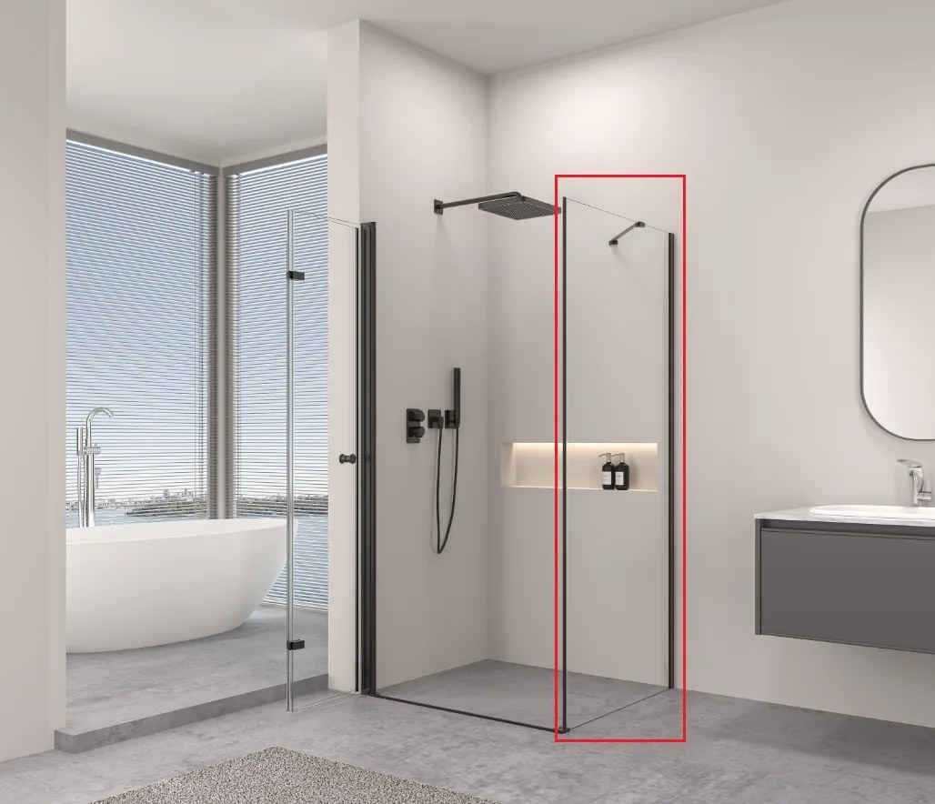 Erga Berlin pevná stena pre sprchové kúty 80x195 cm, 6mm číre sklo, čierny profil, ERG-V02-BERLIN-G080-BK