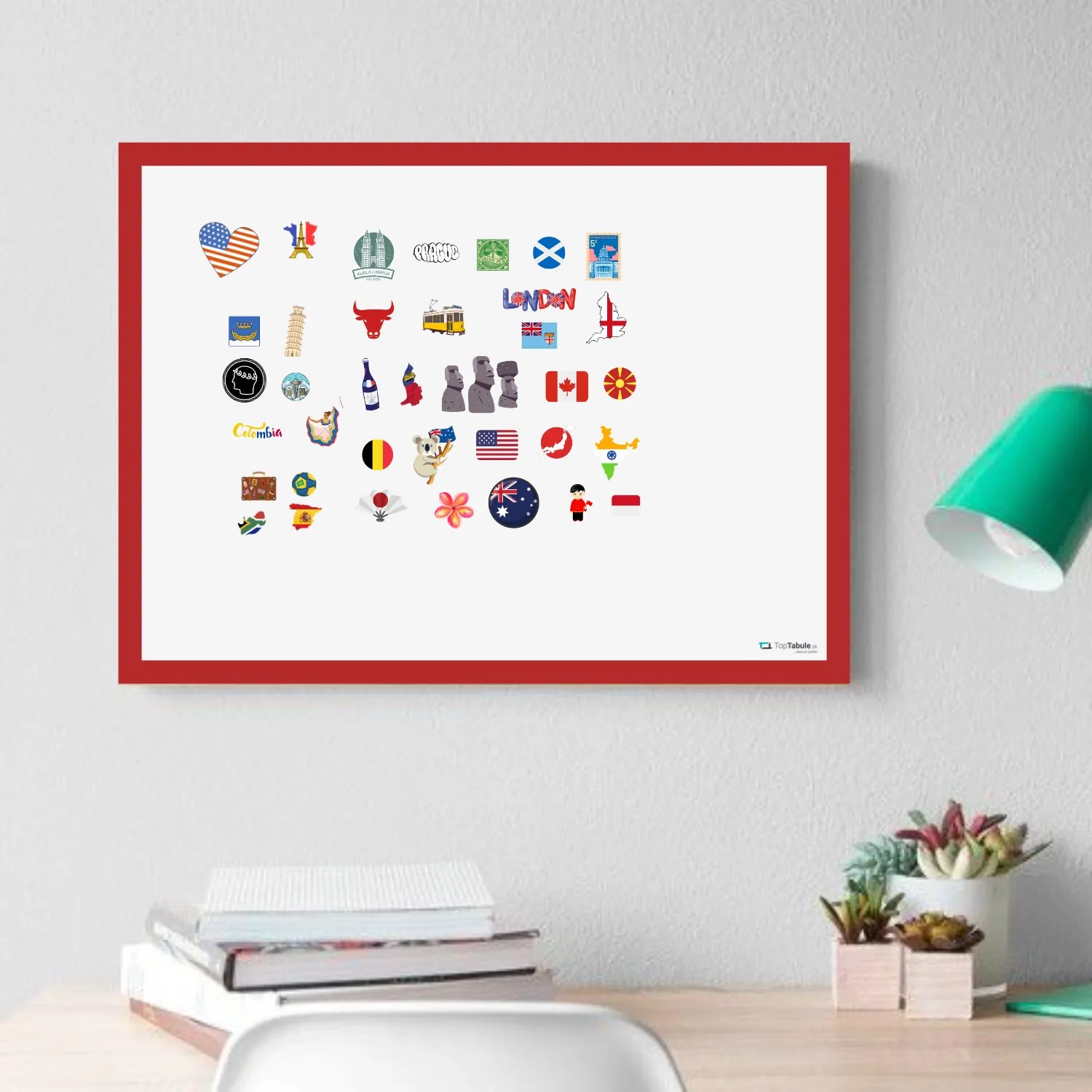 Toptabule.sk Biela tabuľa na magnetky v drevenom červenom ráme 60x40 cm