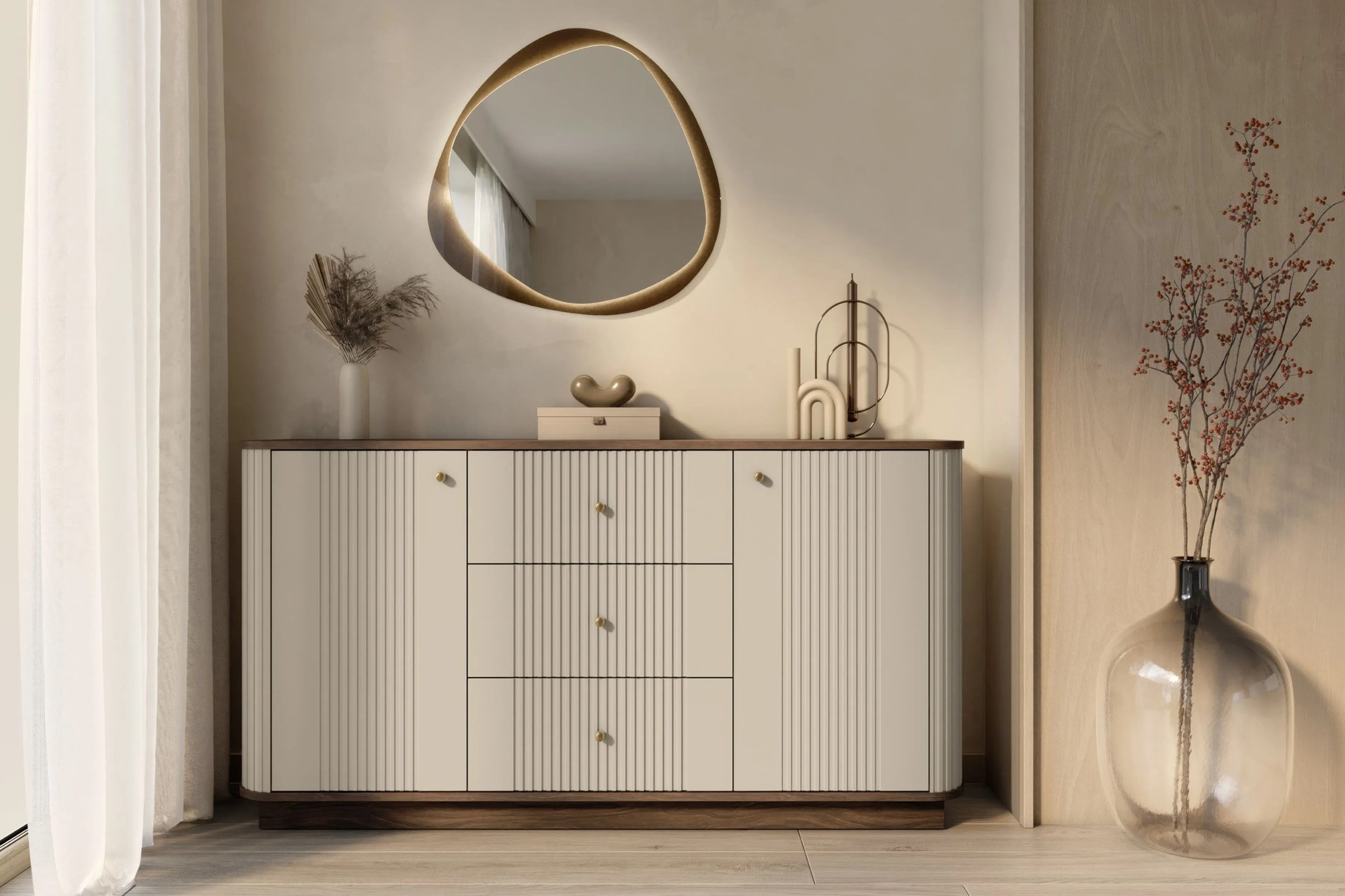 Komoda Vesper 160 cm so zásuvkami na sokli - kašmír / orech / zlaté úchytky