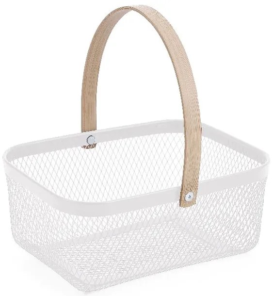 CONFORTIME Kovový košík s bambusovou rúčkou, biely 23,5 x 17,5 x 10 cm