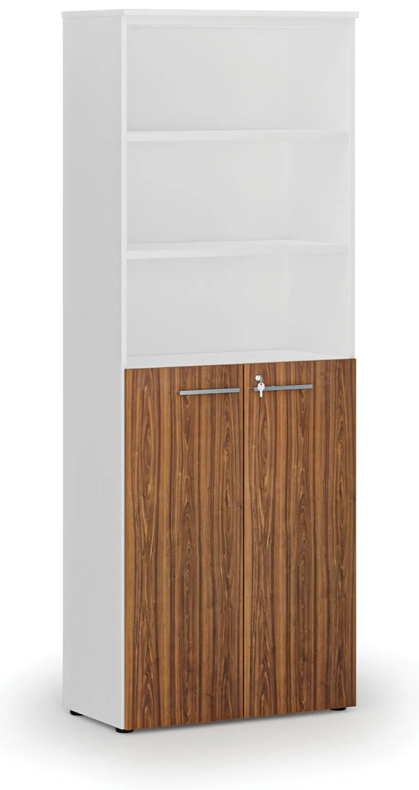 Kombinovaná kancelárska skriňa PRIMO WHITE, dvere na 3 poschodia, 800 x 420 x 2128 mm, biela/orech