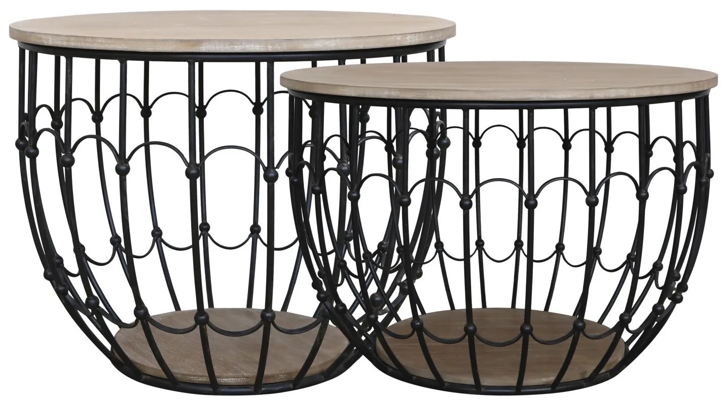 2ks čierny antik kovový coffee stolík s drevenou doskou Charlotte - Ø57*42 cm