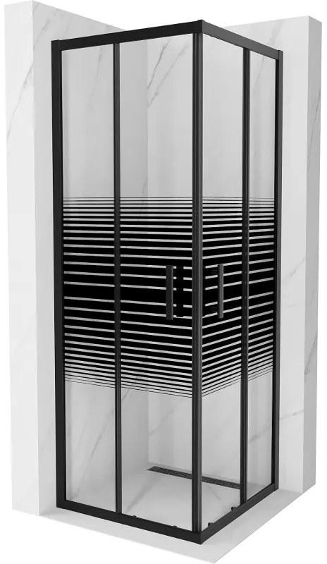 Mexen Rio, štvorcový sprchovací kút s posuvnými dverami 70(dvere) x 70(dvere) x 190 cm, 6mm číre sklo s pásikmi, čierny profil, 860-070-070-70-20