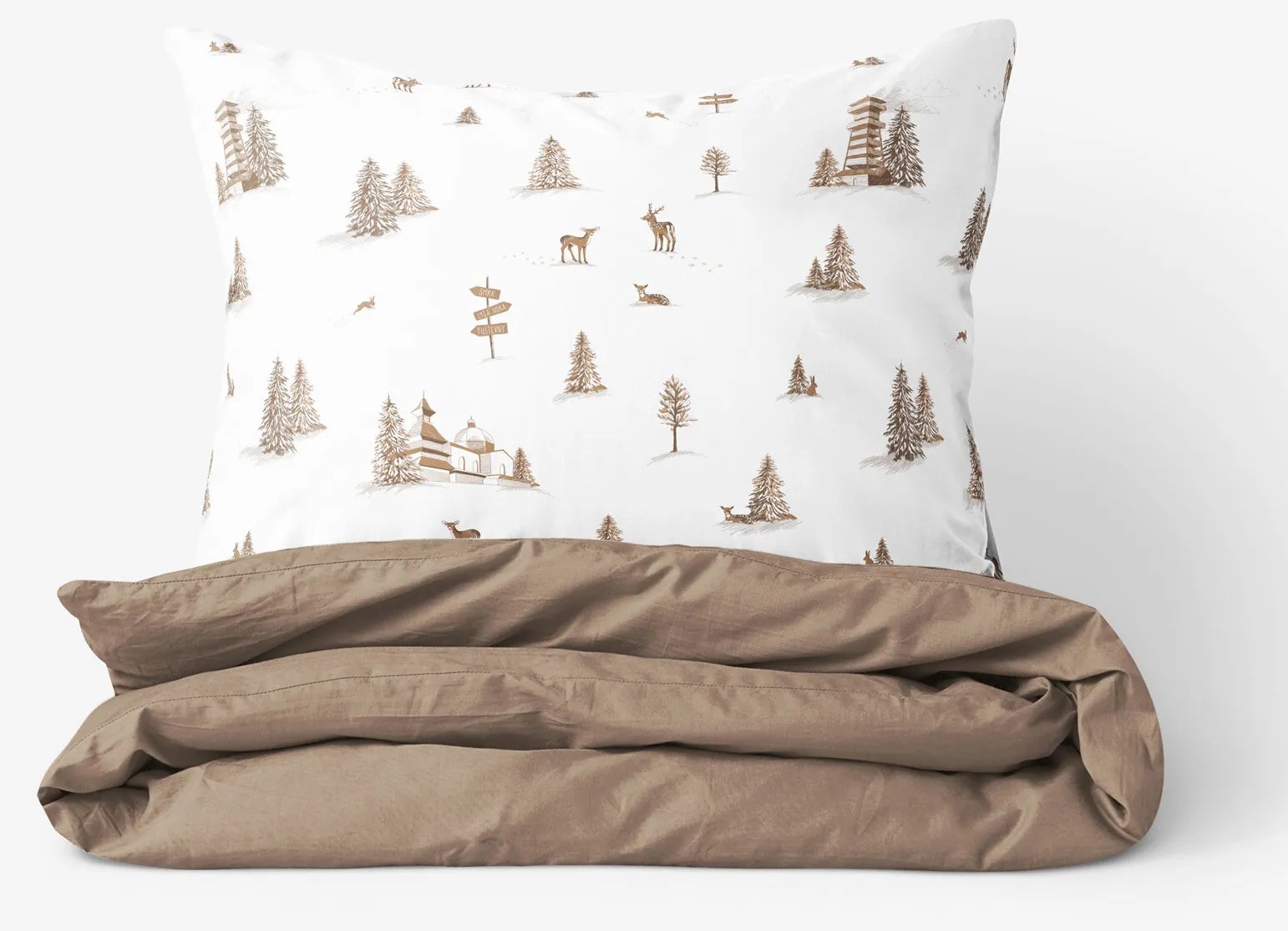 Goldea vianočné bavlnené posteľné obliečky duo - beskydy s kávovo hnedou 140 x 200 a 70 x 90 cm