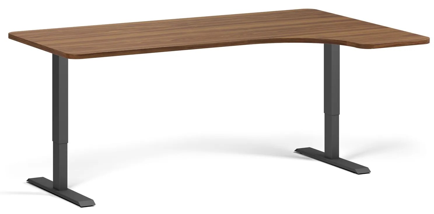 Výškovo nastaviteľný stôl, 180x120 cm, 2 motory, L/P, čierna podnož, orech