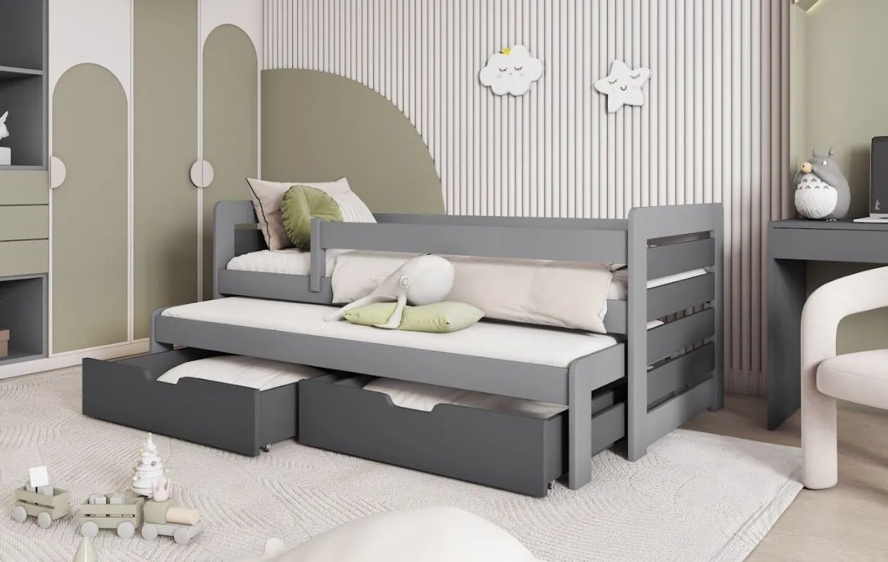 Detská posteľ z masívu borovice TOMÁŠ II s prístelkou a šuplíkmi - 200x90 cm - grafit/sivá