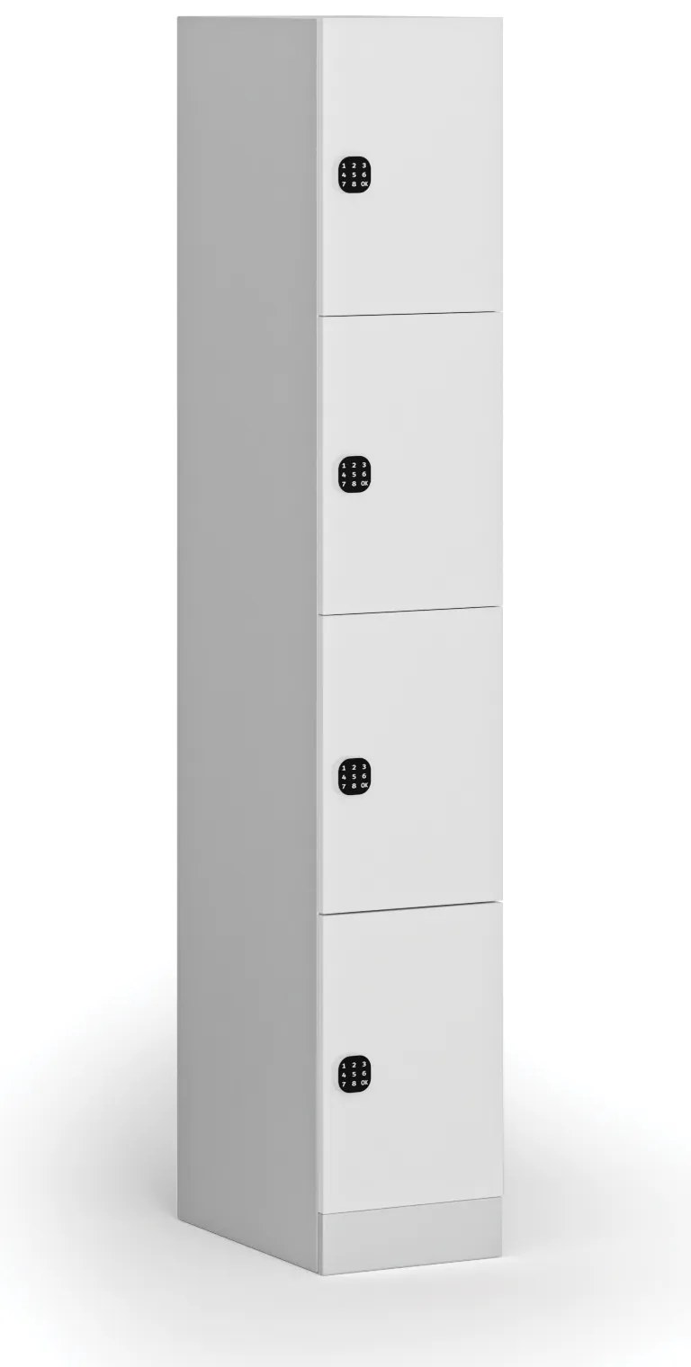 Šatníková skrinka S1 s úložnými boxmi, 4 boxy, 1850 x 300 x 500 mm, demont, kódový zámok, laminované dvere, biela