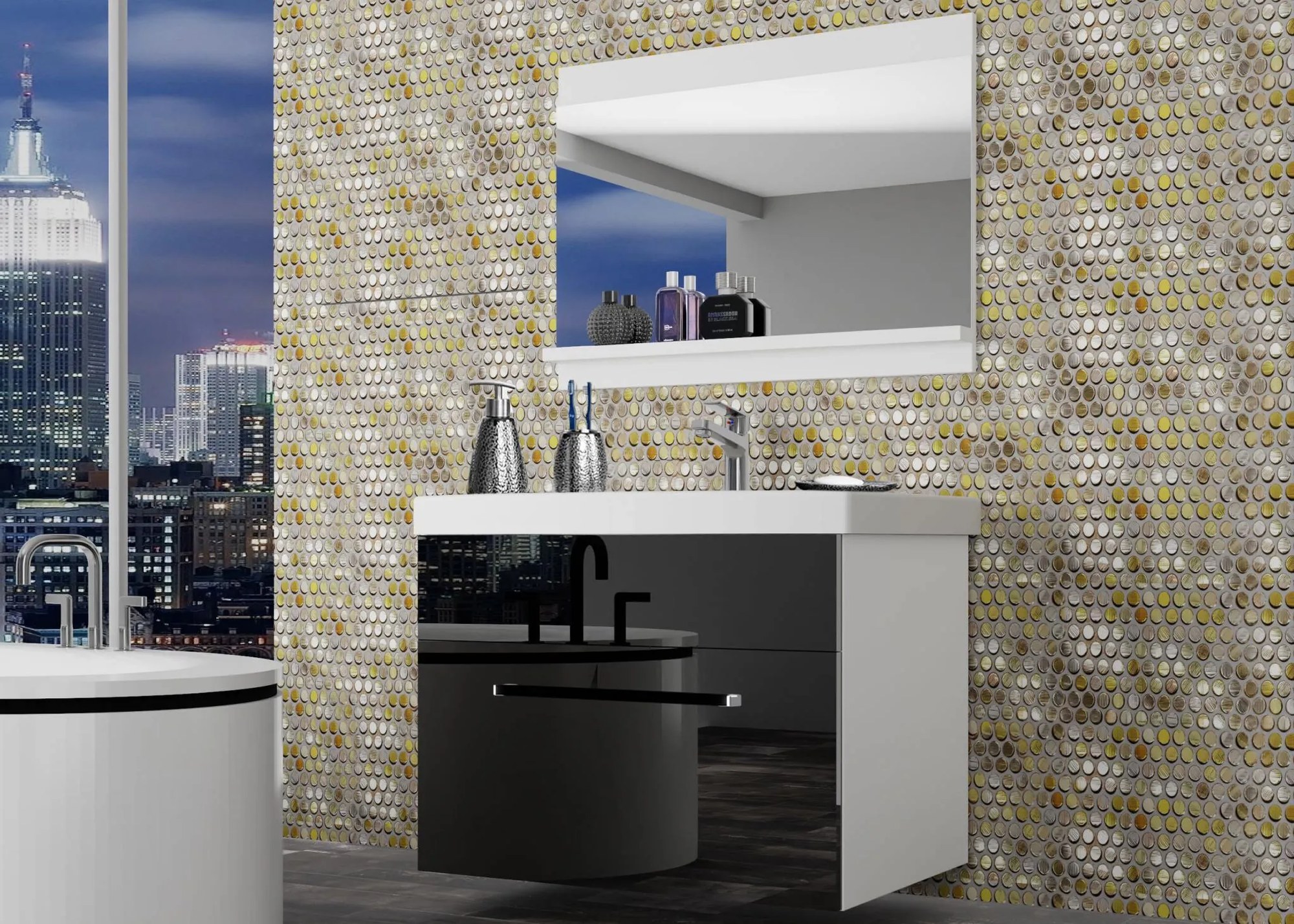 Kúpeľňový nábytok Belini čierny lesk + umývadlo + zrkadlo ROD P 1/0/W/B/0/ZW