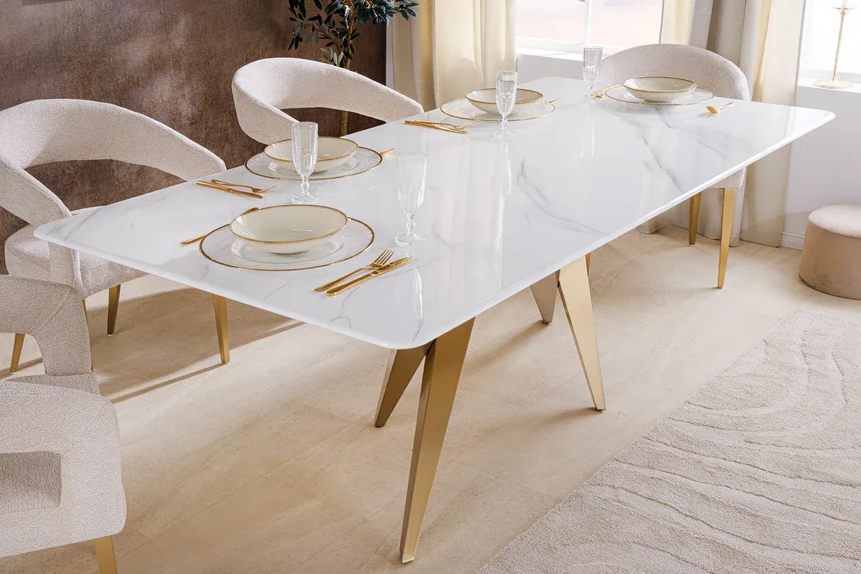 Jedálenský stôl ART LIVING 200 cm s keramickou doskou z bieleho mramoru a rámom v šampansko-zlatej farbe