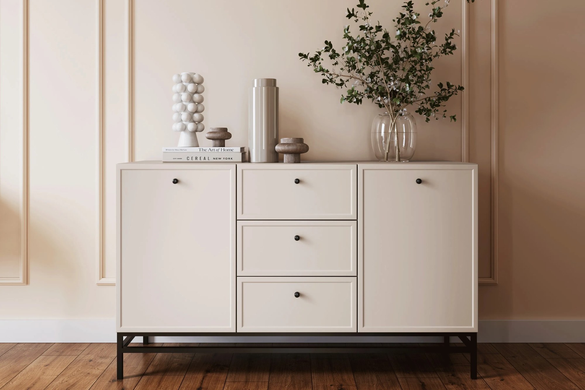 Komoda Lorini 150 cm so zásuvkami - kašmír / čierne úchytky / kovový rám