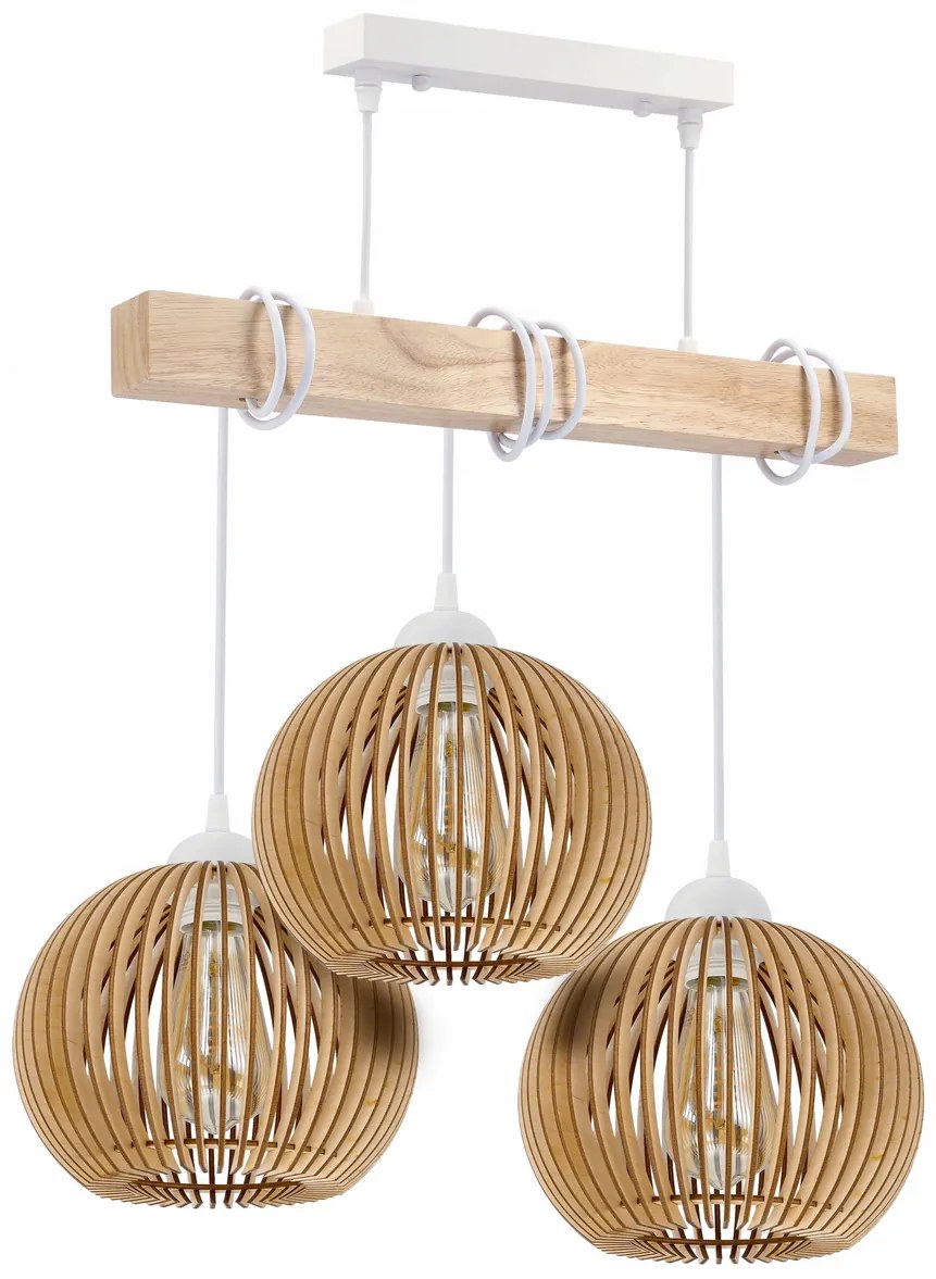 BERGE LED závesné stropné svietidlo biely drevený trám 3xE27 Hustý guľový luster LUCA