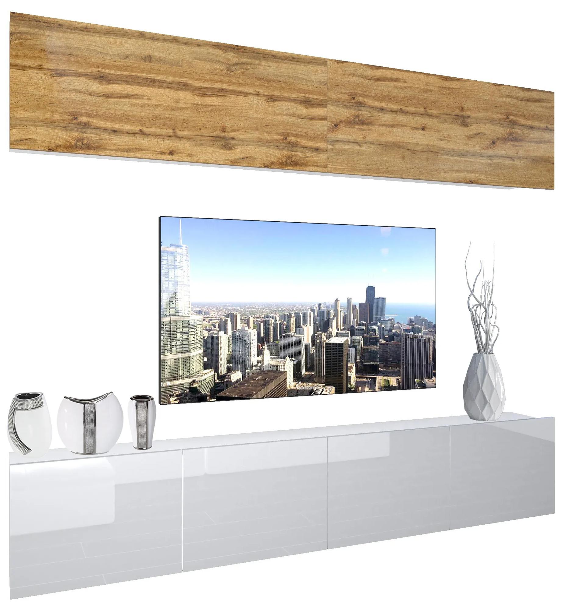 Obývacia stena Belini Premium Full Version dub wotan / biely lesk + LED osvetlenie Nexum 89
