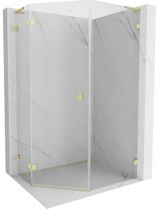 Mexen Lunar, L päťuholníkový sprchový kút naklápací doľava 80 x 90 cm, 8mm číre sklo, zlatý matný profil, 831L-080L-090P-55-00-L