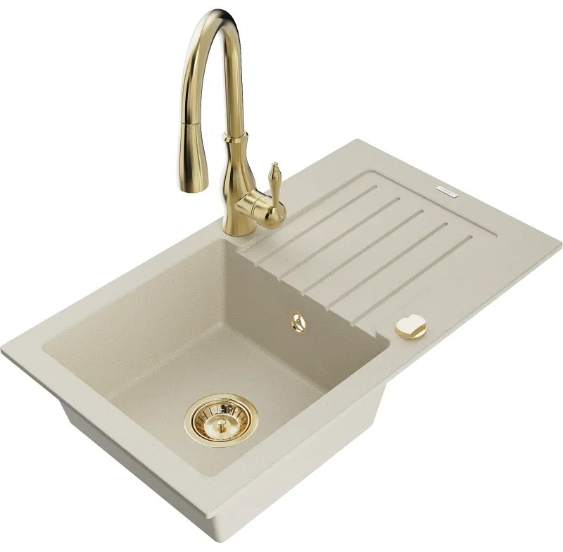 Mexen Pablo, 1-komorový granitový drez 752x436x161 mm a drezová batéria Savita, béžová, 6510-69-672601-50