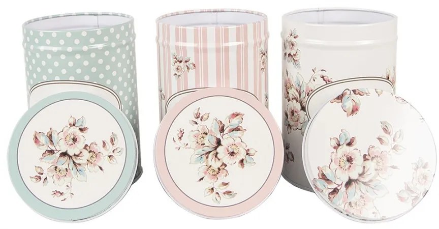 3ks plechová dóza s vekom a kvetmi Tea Sugar Coffee - Ø 8*12 cm