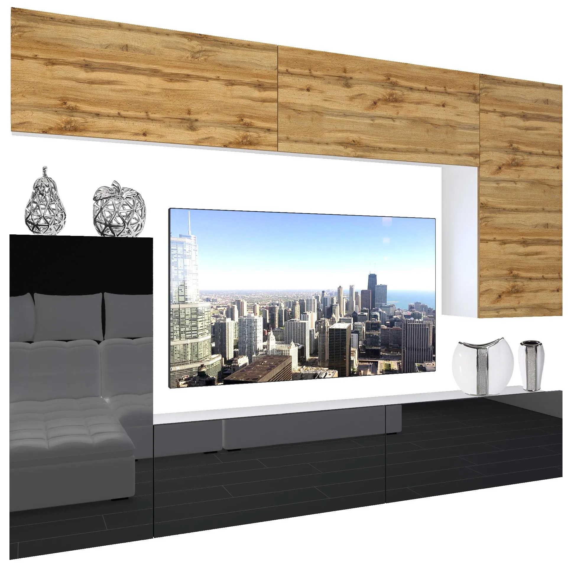 Obývacia stena Belini Premium Full Version dub wotan / čierny lesk + LED osvetlenie Nexum 130