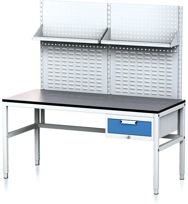 Alfa 3 Nastaviteľný dielenský stôl MECHANIC II s perfopanelom a policami, 1 zásuvkový box na náradie, 1600x700x745-985 mm, sivá/modrá