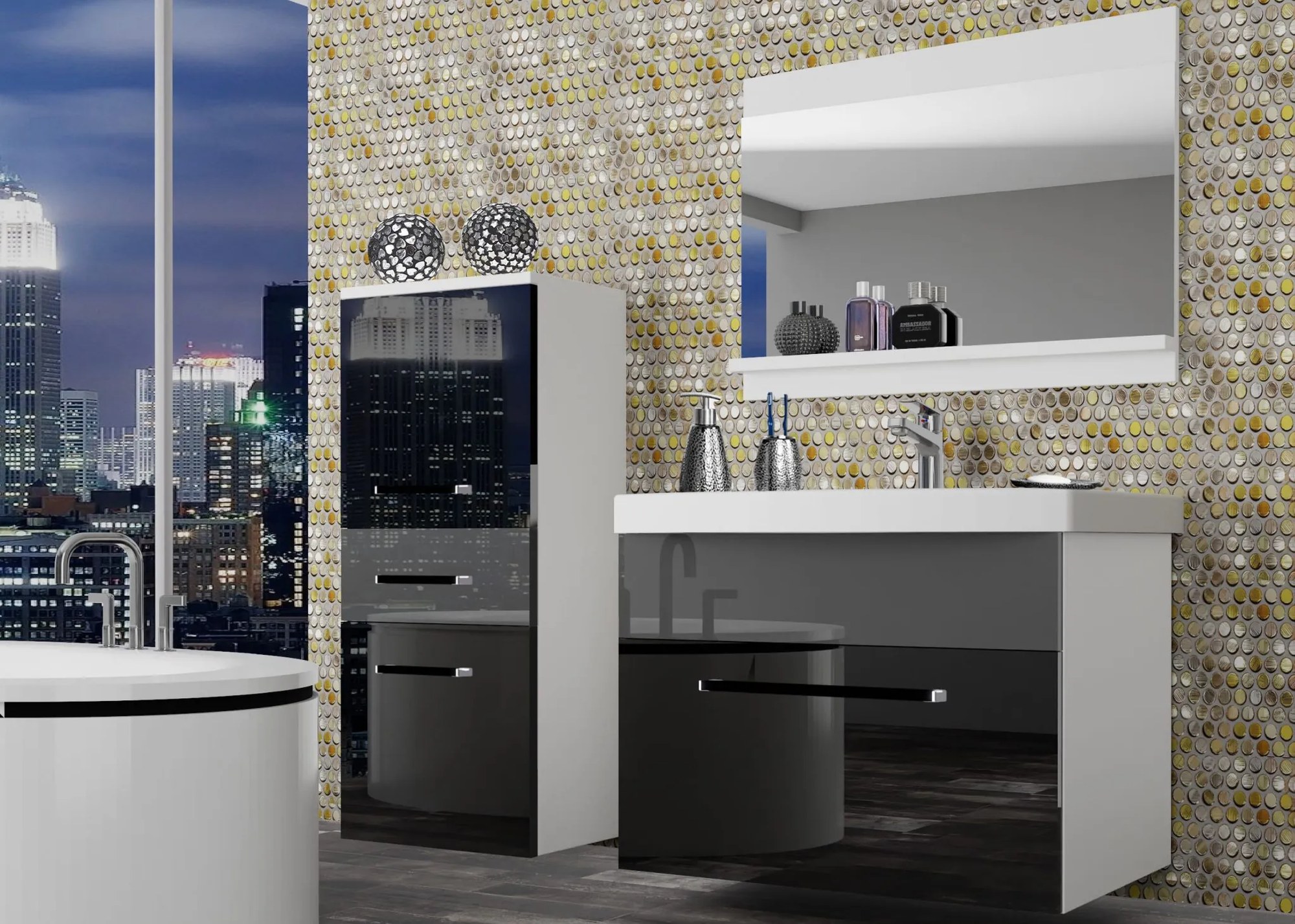 Kúpeľňový nábytok Belini čierny lesk / šedý lesk + umývadlo + zrkadlo ROD P 2/0/W/BS/0/ZW