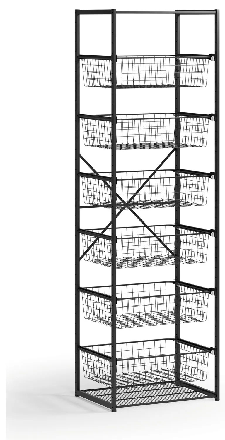 Otvorený košový regál, 6x koš, TYP VI, 600 × 460 × 2020 mm, čierna