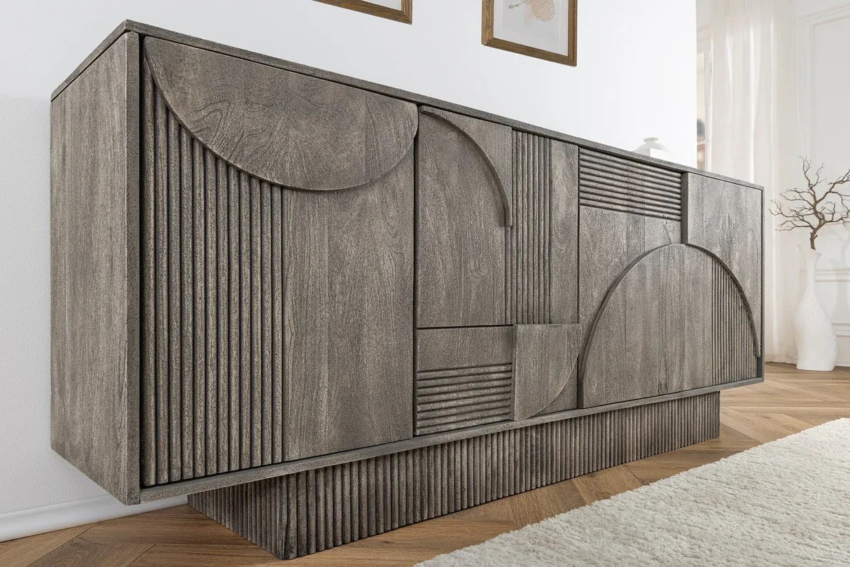 Komoda ART DECO 170 cm 3D mangové drevo, sivá