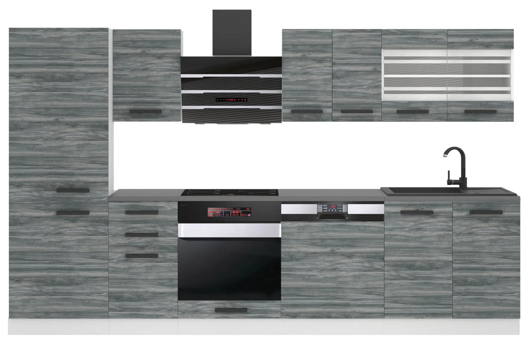 Kuchynská linka Belini Premium Full Version 300 cm šedý antracit Glamour Wood s pracovnou doskou CINDY