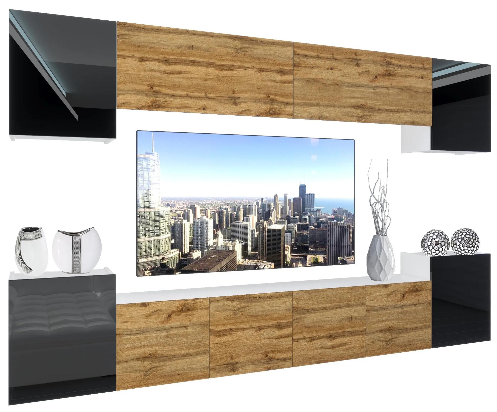 Obývacia stena Belini Premium Full Version dub wotan / čierny lesk + LED osvetlenie Nexum 69