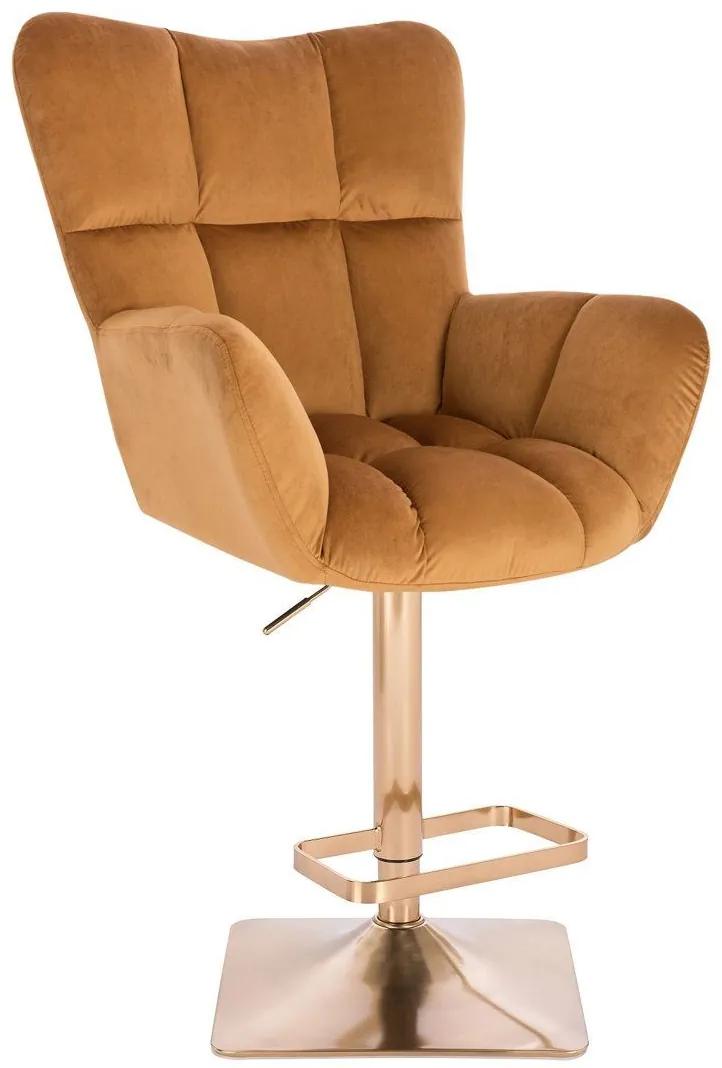 LuxuryForm DESIGN Barové kreslo AURORA VELUR na zlatej hranatej podstave - medové