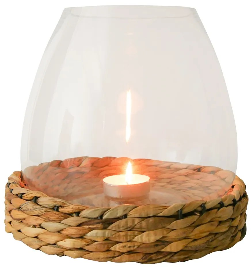 Sklenený svietnik/ váza Avril s pleteným podnosom z vodného hyacintu - Ø 28 * 26cm