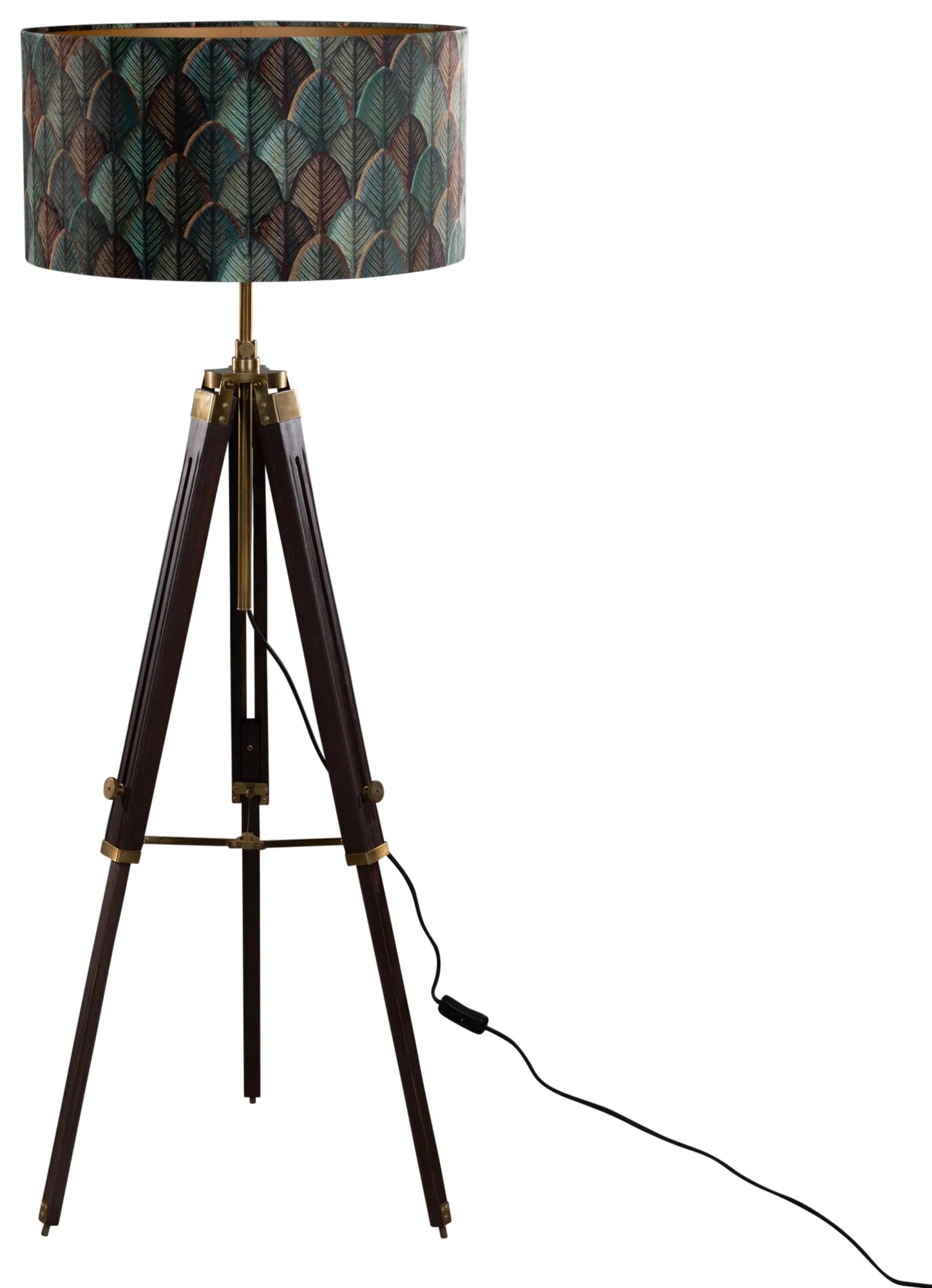 Mosadzná stojaca lampa na trojnožke s velúrovým tienidlom s dizajnom listov a zlatým vnútorným povrchom - Cortin