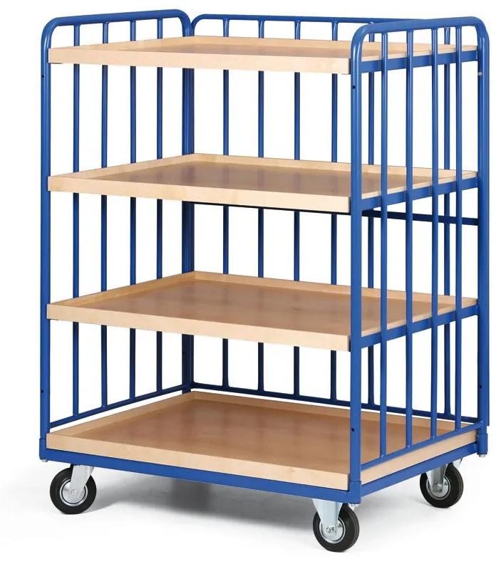 Policový vozík, 4 police s hranou, 3 bočnice s výplňou, nosnosť 400 kg