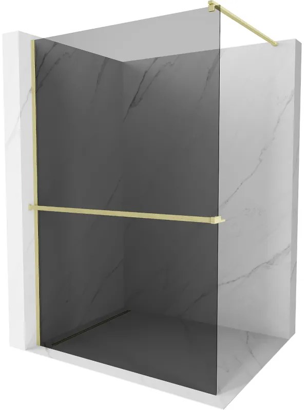 Mexen Kioto+, sprchová zástena Walk-In s poličkou a vešiakom 70 x 200 cm, 8mm šedé sklo, zlatý matný profil, 800-070-121-55-40
