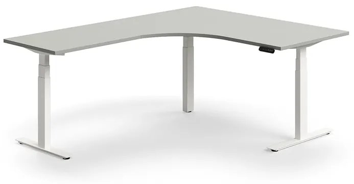 Výškovo nastaviteľný stôl QBUS, rohový, 1600x2000 mm, biely rám, svetlošedá