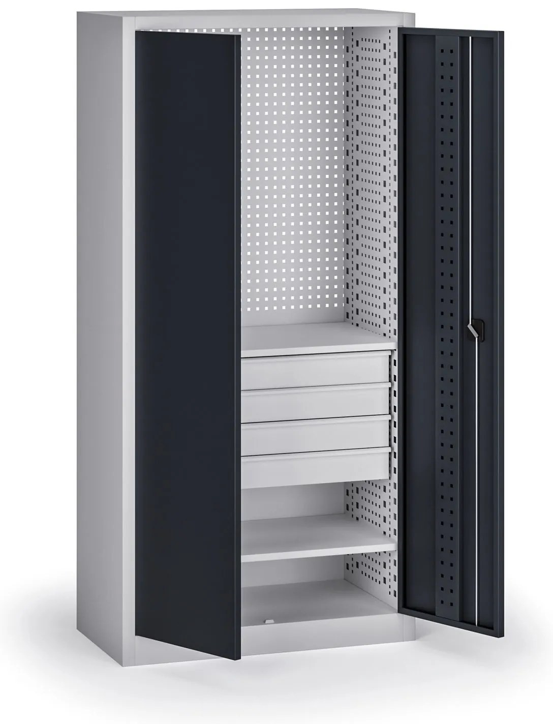 Policová dielenská skriňa 2-dverová, 2 police + 4 zásuvky, 1950 × 950 × 500 mm, grafitové dvere