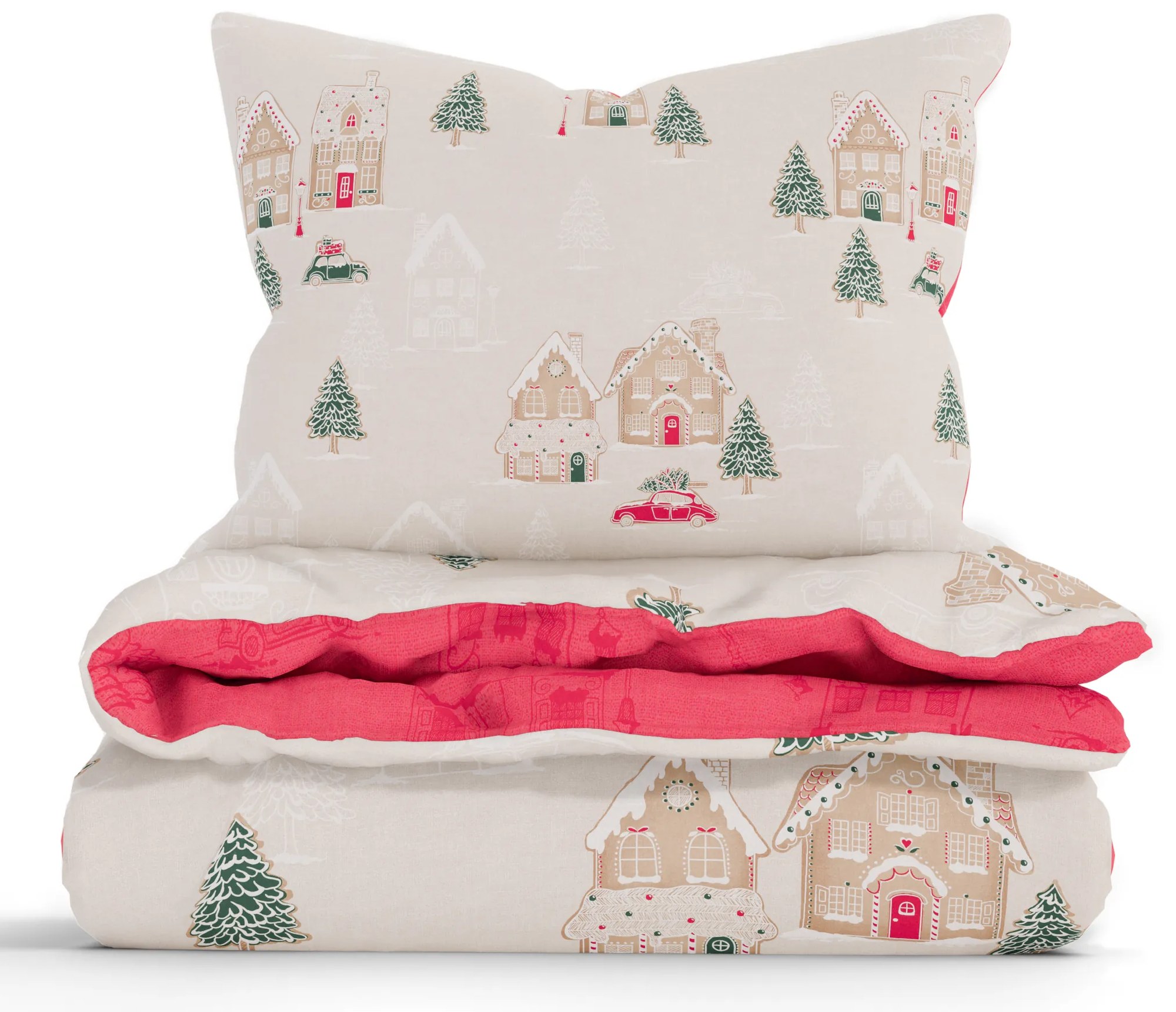 Vianočné francúzske bavlnené obliečky Renforcé - Perníková chalúpka krémové