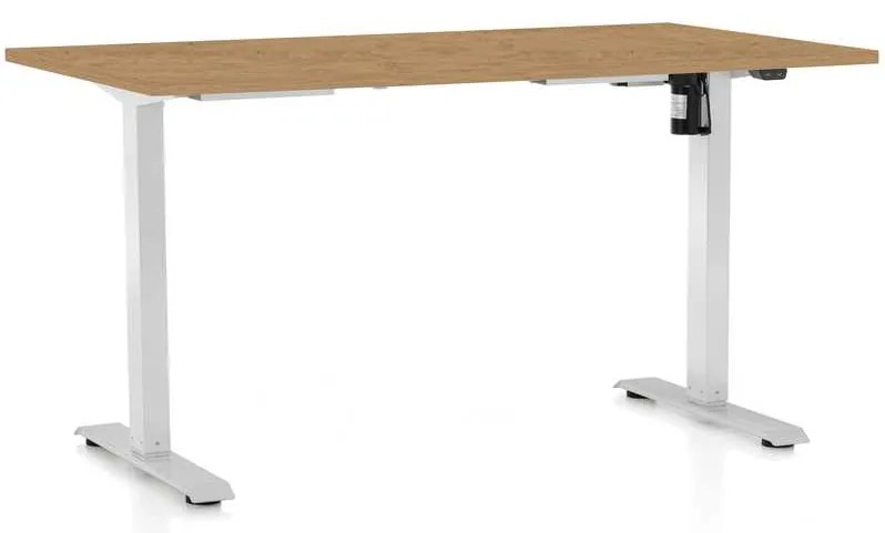 Výškovo nastaviteľný stôl OfficeTech A, 140 x 80 cm, biela podnož, dub kamenný