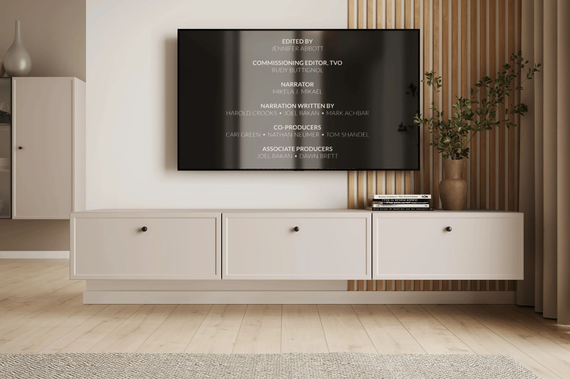 Závesný TV stolík Lorini 200 cm – kašmírová / čierne úchytky G