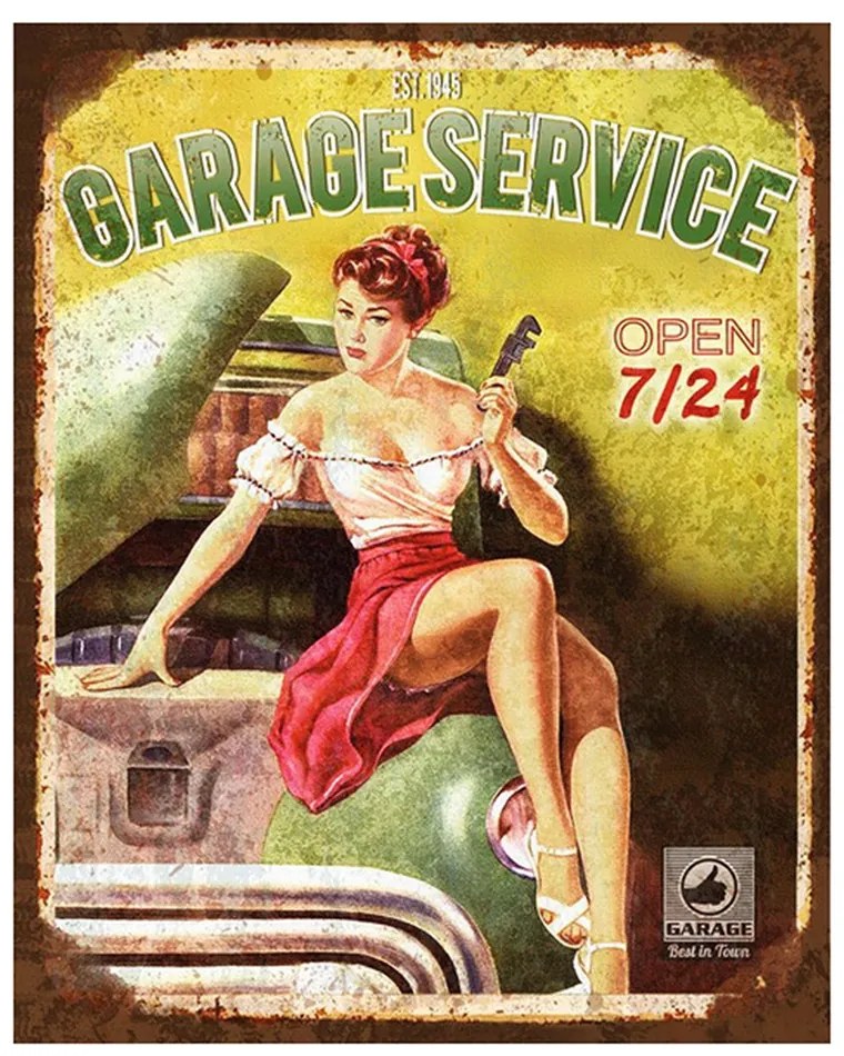 Zeleno-žltá nástenná kovová ceduľa Garege Service - 20*1*25 cm