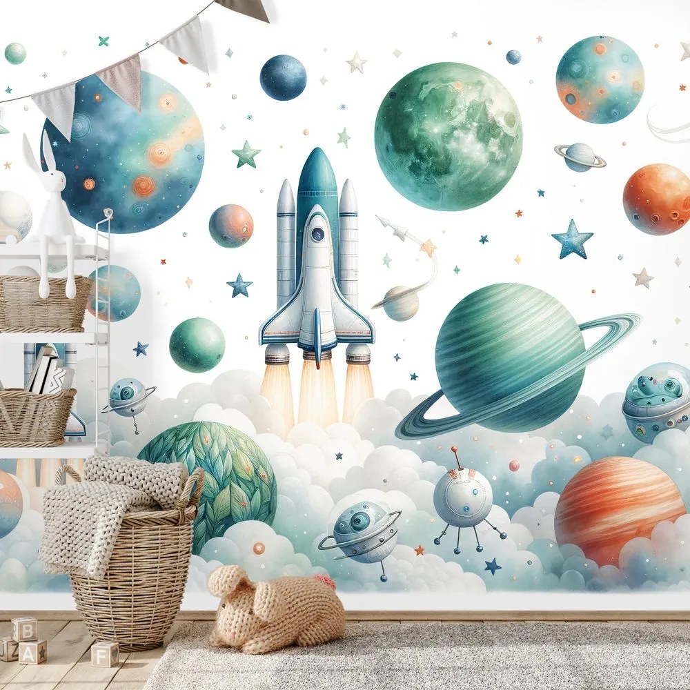 Samolepiaca tapeta detský vesmírny svet s raketami
