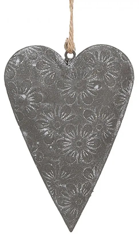 Šedé plechové ozdobné závesné srdce s kvetmi S - 11*2*8 cm