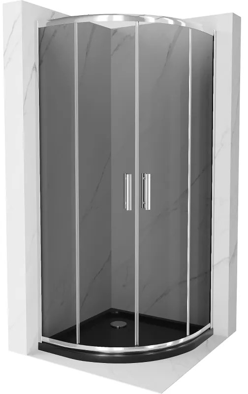 Mexen Rio, štvrťkruhový sprchovací kút s posuvnými dverami 80 x 80 cm, 6mm šedé sklo, chrómový profil + čierna sprchová vanička, 863-080-080-01-30-4170