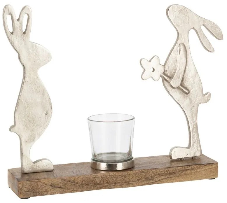 Dreveno-kovový dekoračný svietnik s králikmi - 28*5*22 cm