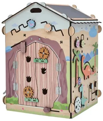 Drevený activity board domček s osvetlením – Dino