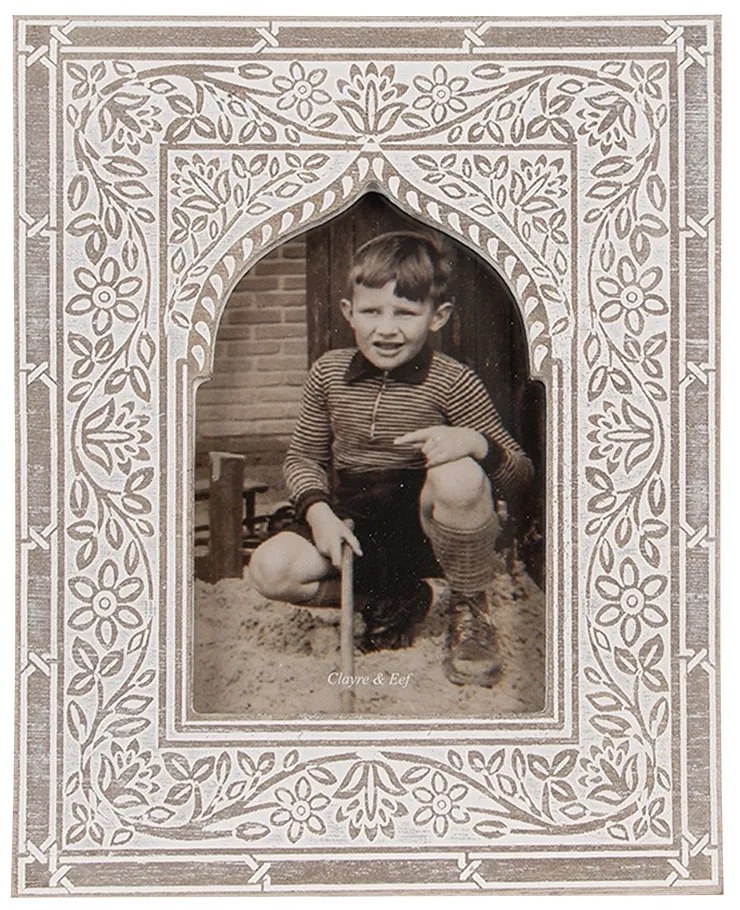 Bielo-hnedý drevený fotorámik s kvetmi - 18*1*23 cm / 10*15 cm