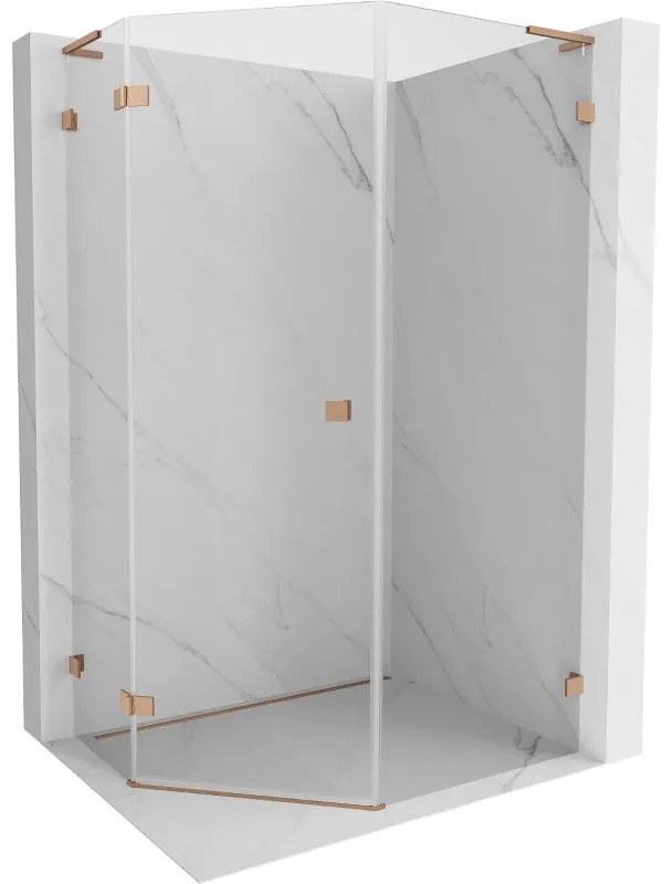 Mexen Lunar, L päťuholníkový sprchový kút naklápací doľava 80 x 90 cm, 8mm číre sklo, profil medená matná, 831L-080L-090P-65-00-L