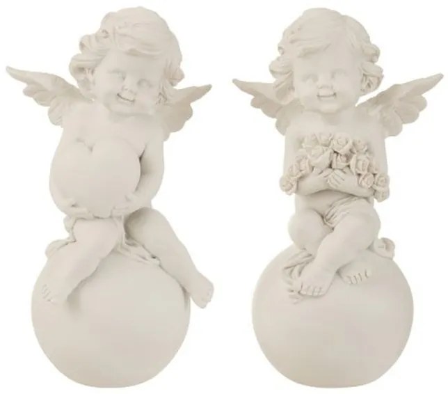 Sada 2ks bielych anjelov na guľu s ružami a so srdcom - 12,5*10*21cm