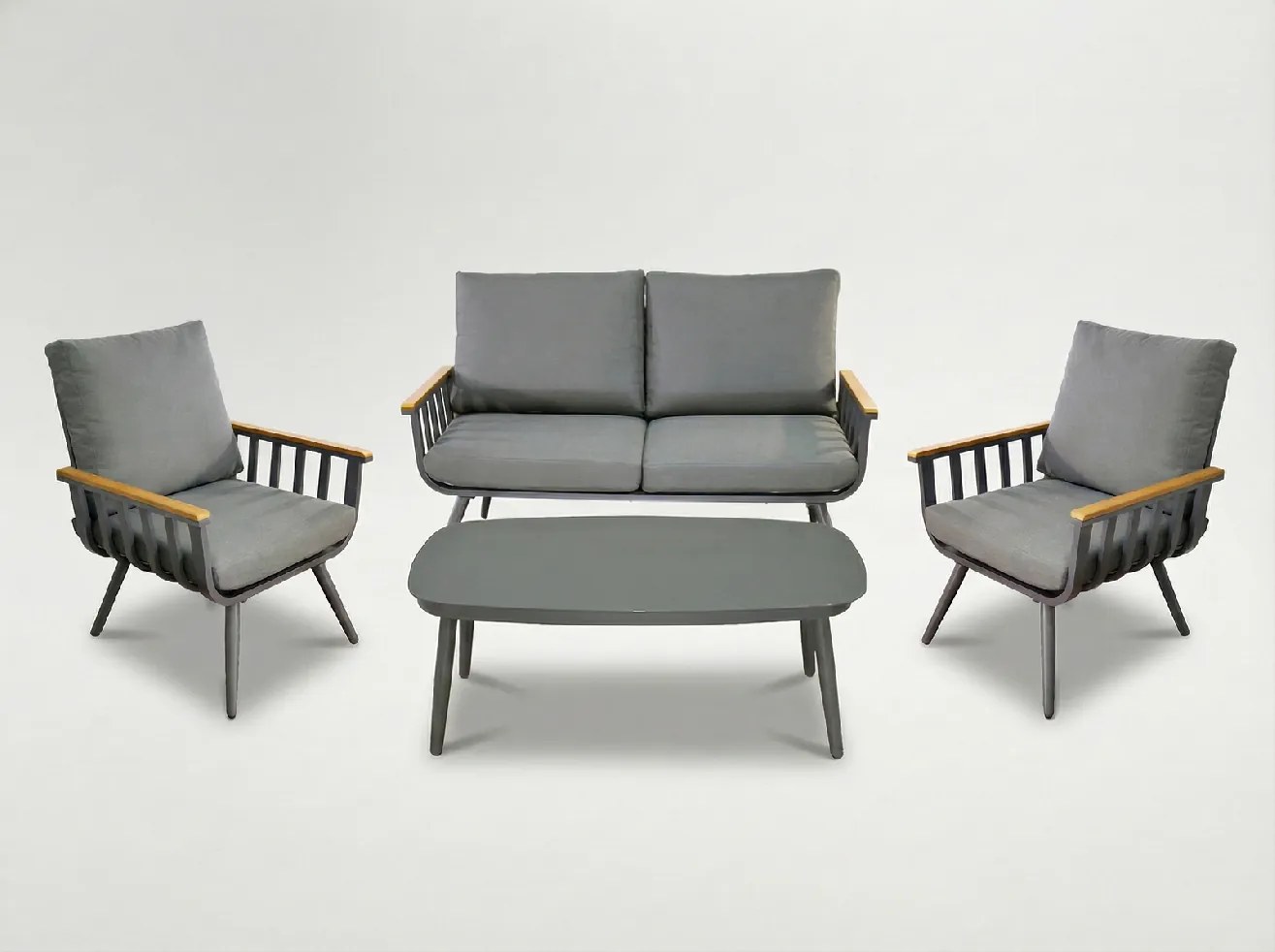 Garden Line Hliníkový nábytkový set (pohovka + 2 kreslá + konferenčný stolík) sivý + sivé vankúše *8151