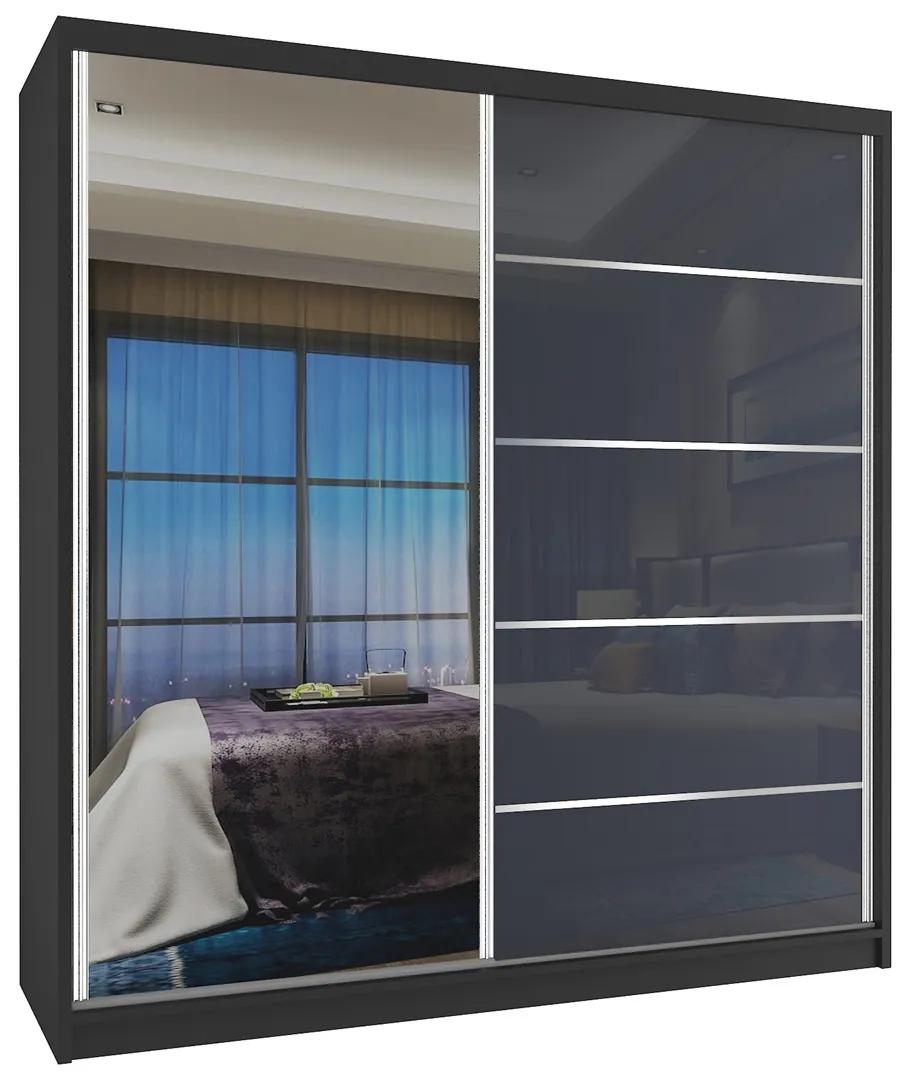 Šatníková skriňa 158 cm Belini čierny mat / šedý lesk s posuvnými dverami a zrkadlom MG SZP3/2/B/WI/1L5S/HI