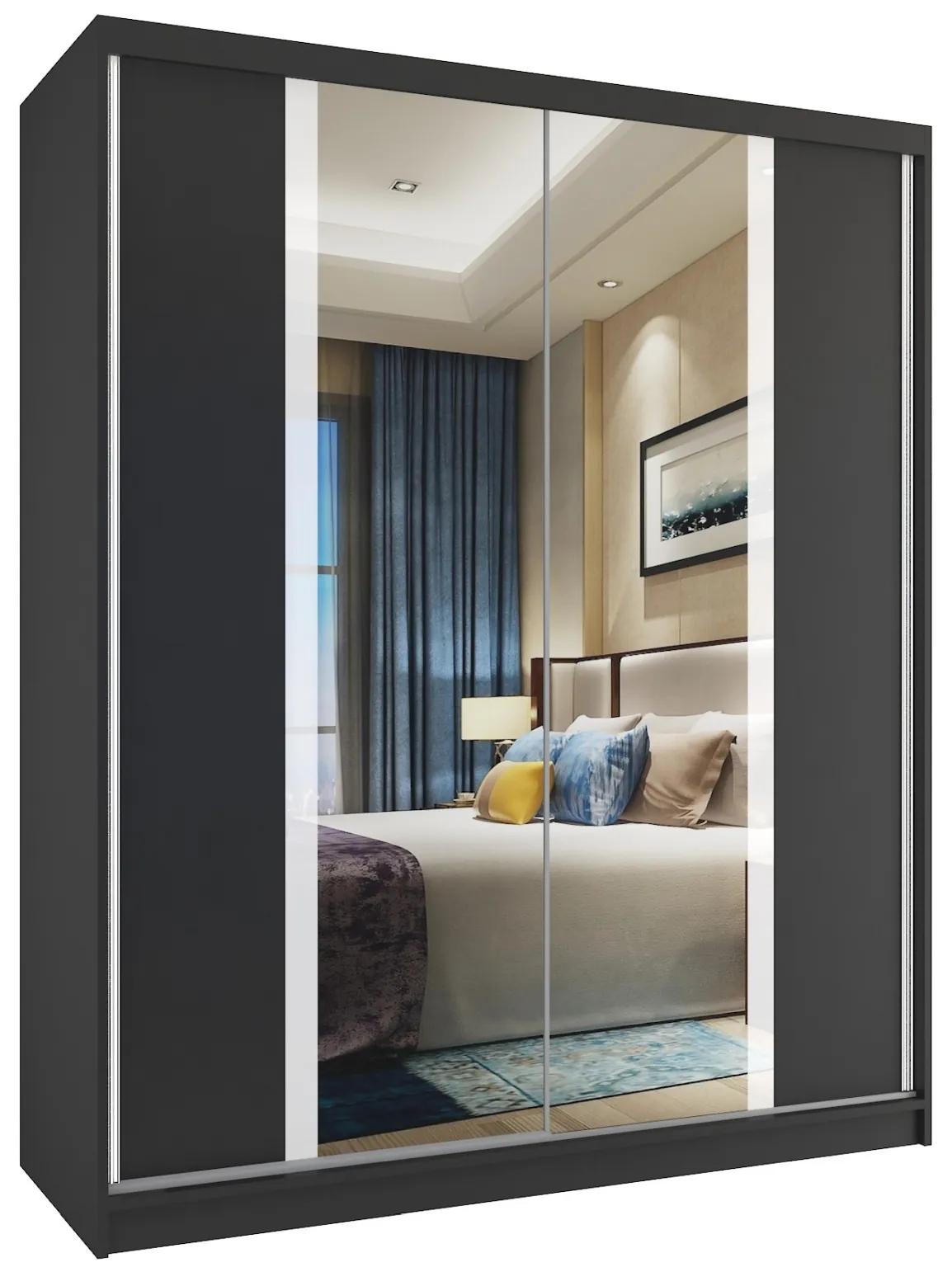 Šatníková skriňa 133 cm Belini čierny mat s posuvnými dverami a zrkadlom MV SZP2/2/B/B/W/HI