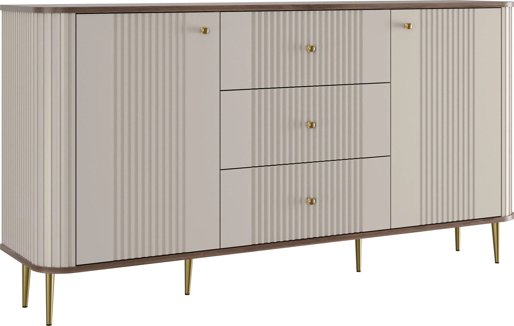 Komoda Vesper 160 cm so zásuvkami na nožičkách - kašmír / orech / zlaté nohy