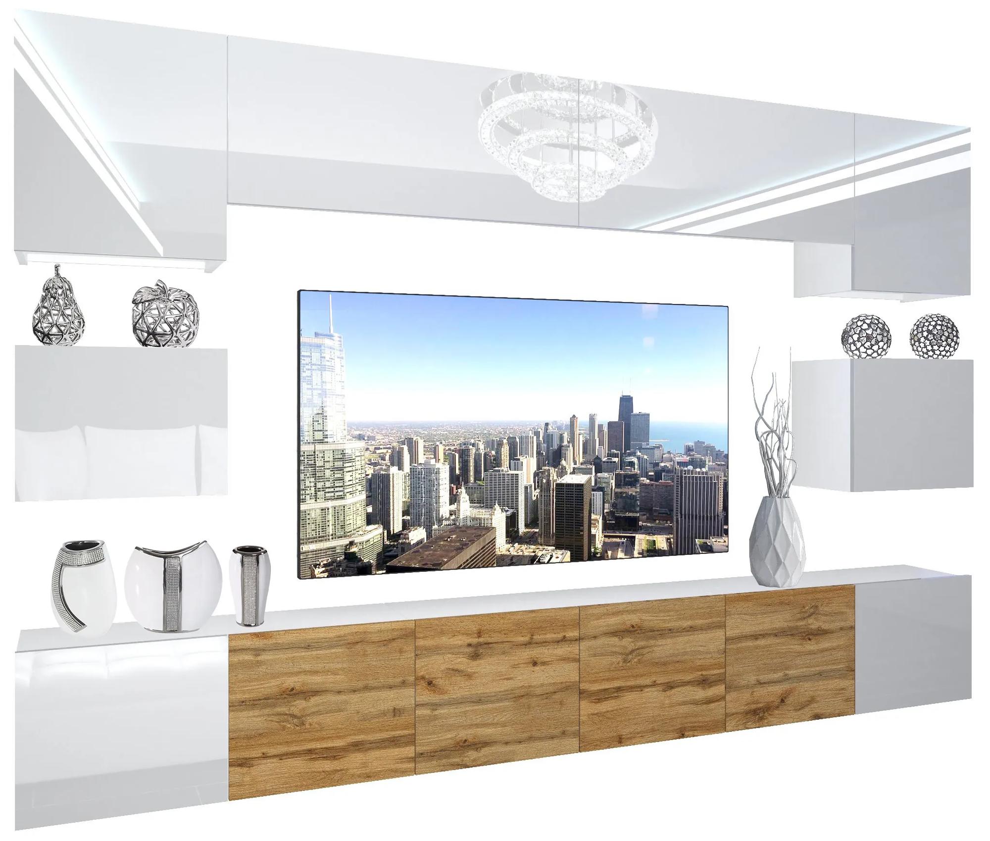 Obývacia stena Belini Premium Full Version biely lesk / dub wotan + LED osvetlenie Nexum 45